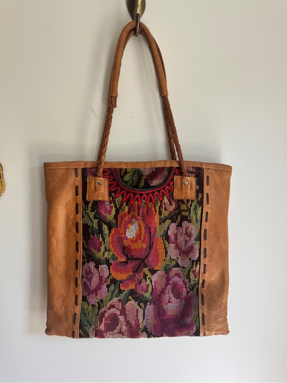 Tan Leather Tote with Colorful Floral Needlepoint Panel